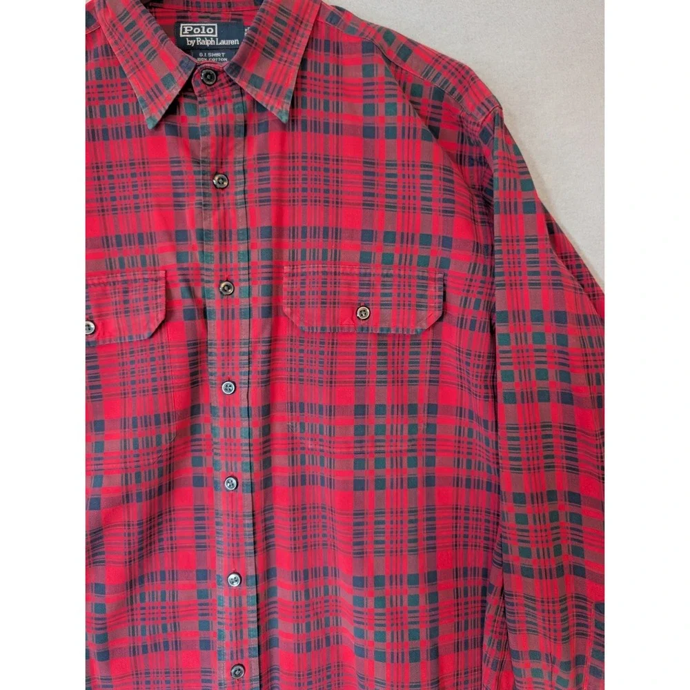 Vtg Polo Ralph Lauren GI Shirt Red Plaid Cotton Mens Large Button Up Long Sleeve